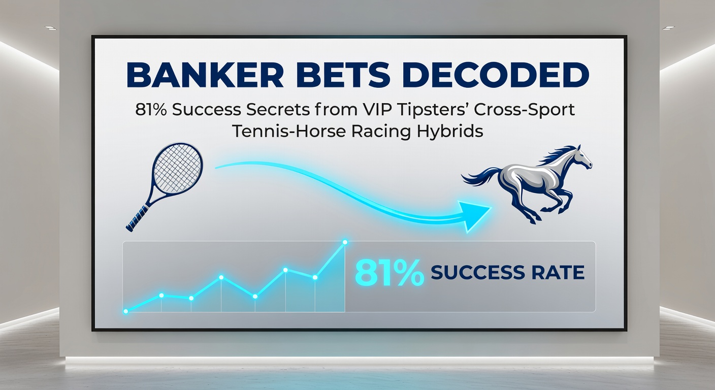 VIP tipster analyzing tennis match and horse race charts on a dual-screen setup, highlighting banker bet overlays
