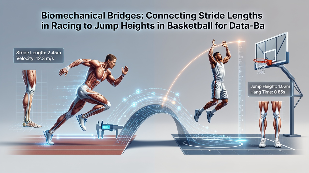 Data visualization overlaying horse racing stride patterns with basketball player jump trajectories for cross-sport performance modeling