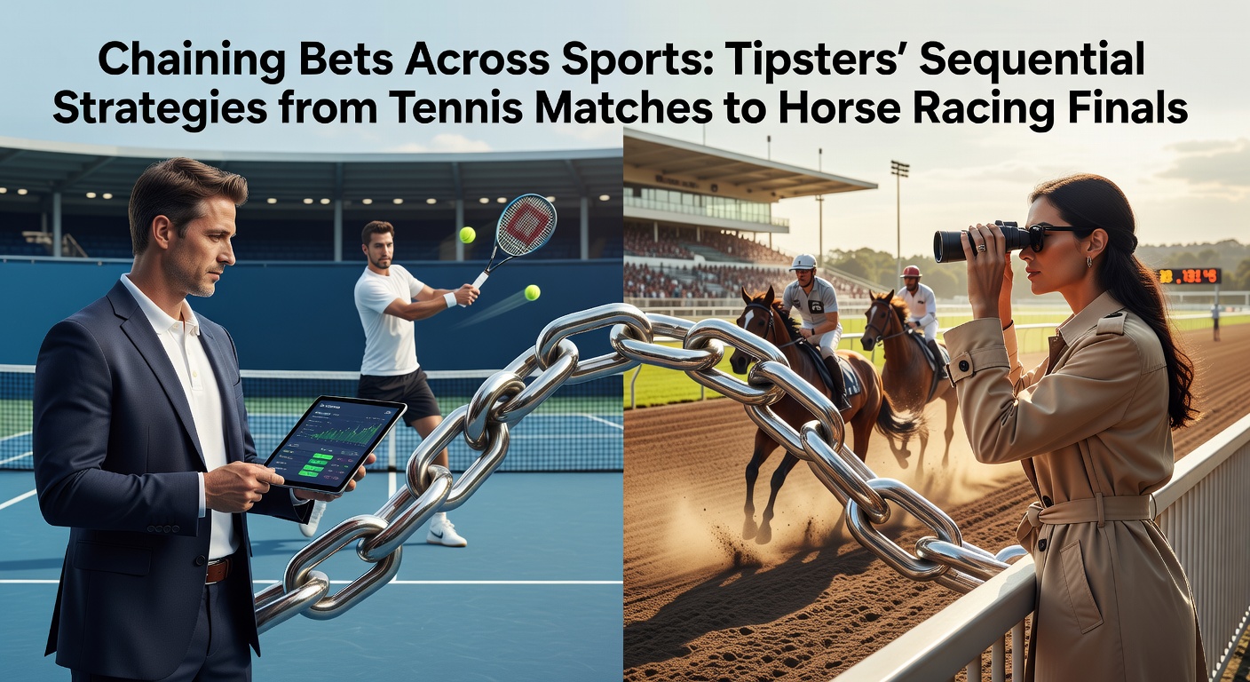Tipsters reviewing sequential bet chains from tennis courts to horse racing tracks, highlighting strategy flowcharts and performance charts