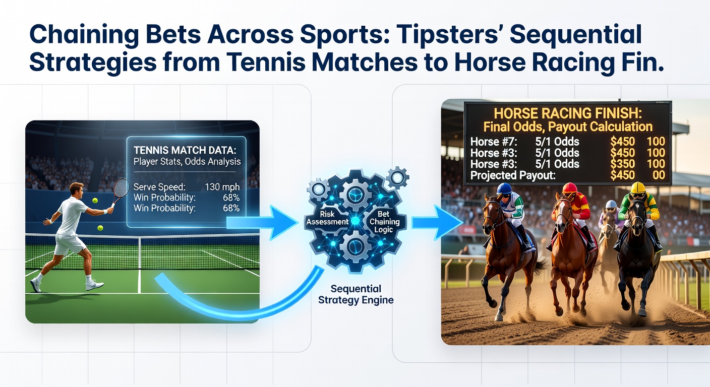 Horse racing finish line with overlaid tennis match highlights, illustrating tipster chaining transitions and win probability graphs