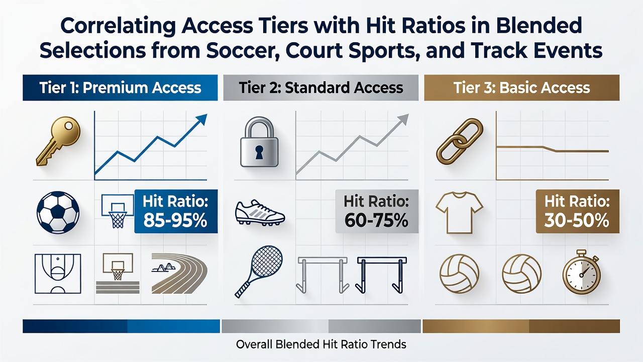 Data visualization showing access tier levels mapped against hit ratios for blended soccer, court sports, and track event selections
