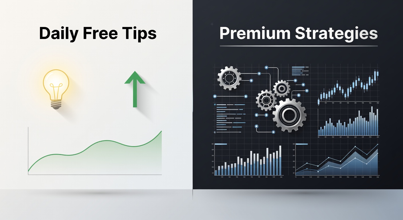 Side-by-side comparison graphic showing win rates for free daily tips versus premium betting selections across major sports leagues