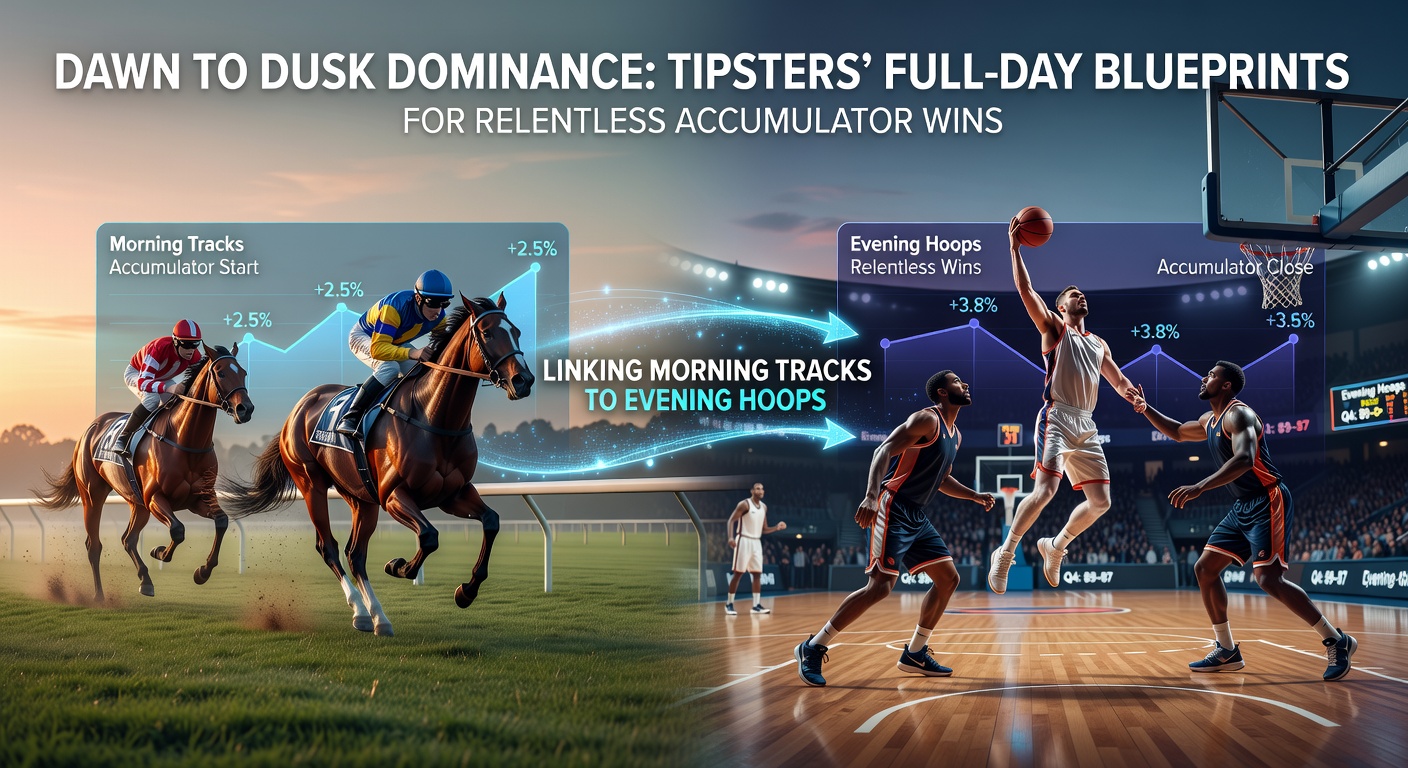 Tipster reviewing morning horse racing form sheets under dawn light, mapping out the first legs of full-day accumulators