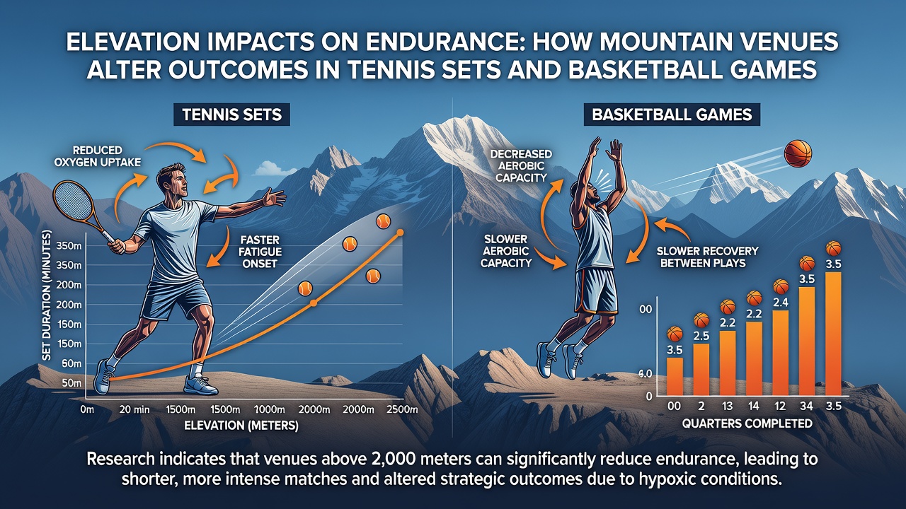 Basketball arena at high elevation with players showing signs of fatigue in later quarters
