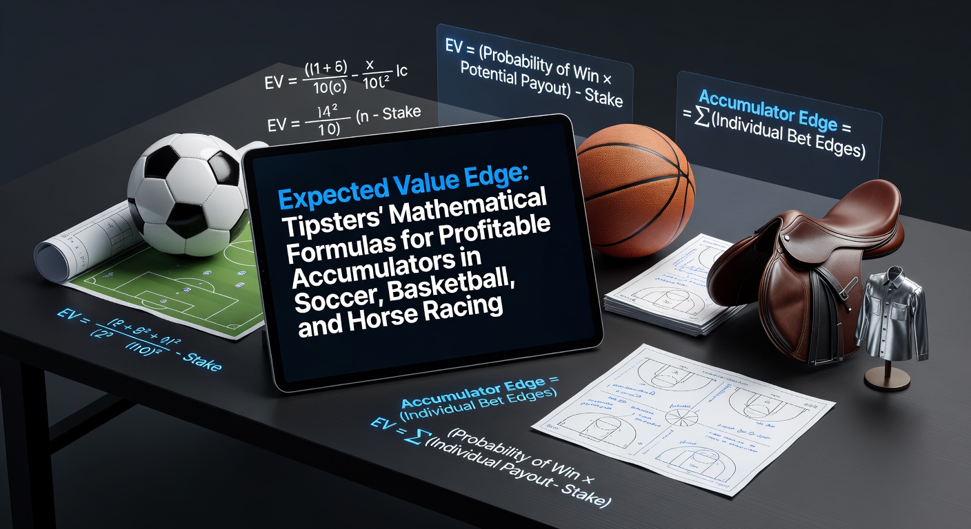 Tipsters poring over charts and formulas to calculate expected value edges for multi-sport accumulators in soccer matches, basketball games, and horse races