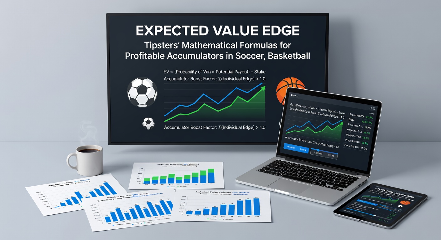 Graphs displaying expected value calculations for basketball totals and spreads combined into high-payout accumulators alongside soccer and racing picks