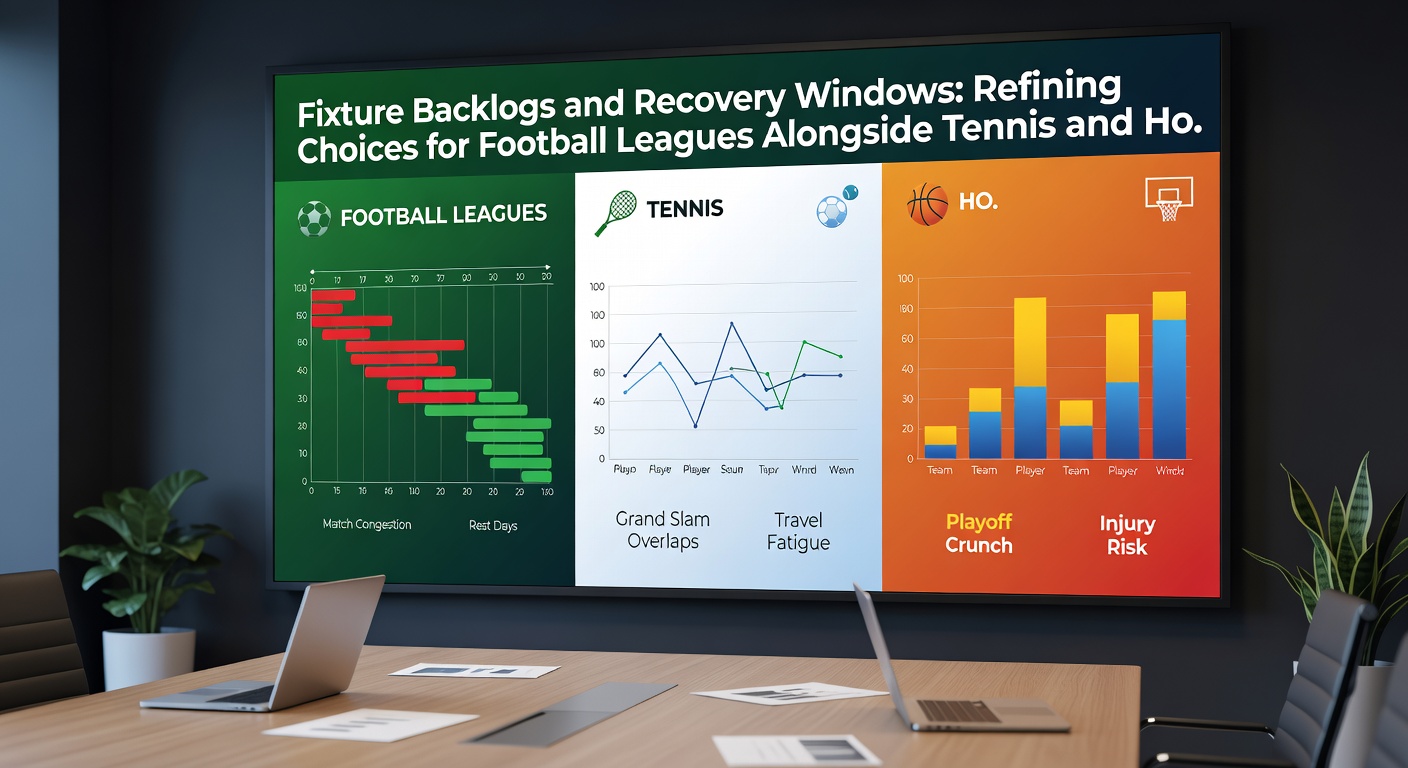 Tennis court and basketball arena split view highlighting recovery timelines and fixture density graphs