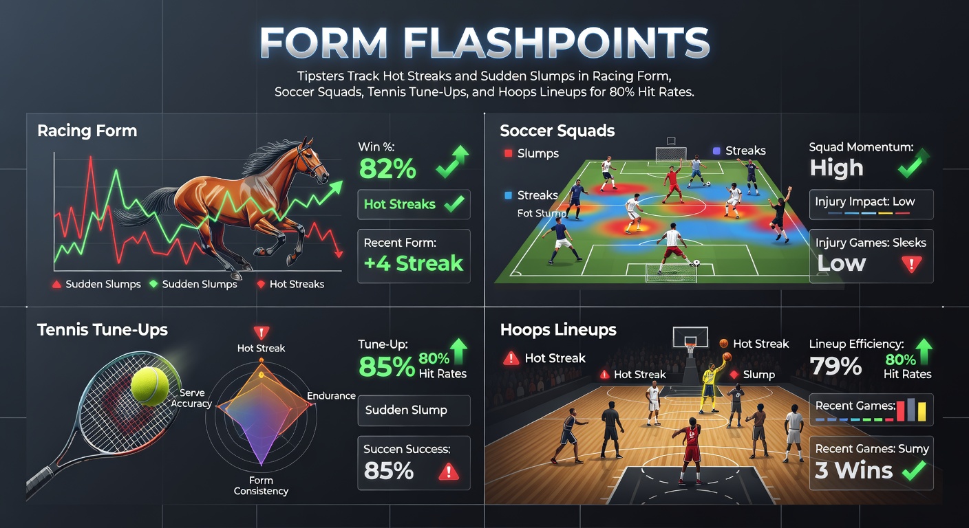 Tipster reviewing performance charts for horse racing streaks and soccer slumps on dual monitors