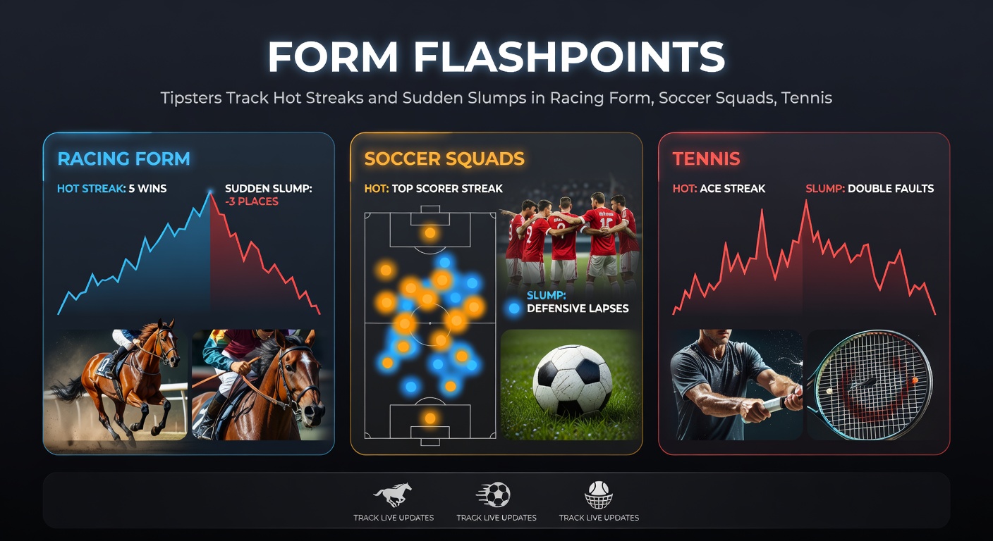 Graphs showing tennis hot streaks and basketball lineup slumps overlaid on a tipster's dashboard