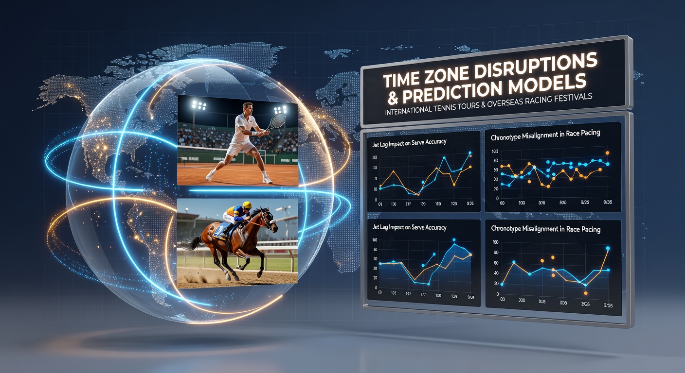 Athletes and data analysts reviewing time zone impact charts for tennis tours and racing events