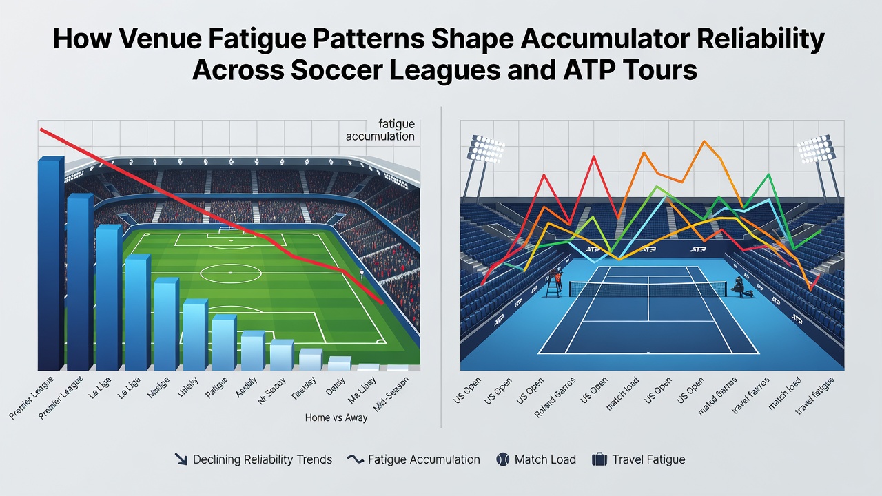 Diagram showing venue fatigue metrics across soccer leagues and ATP tennis events