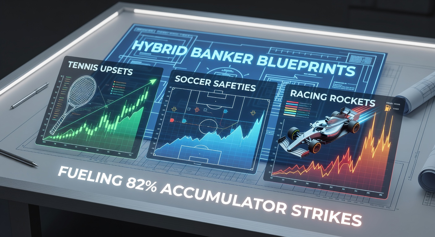 Vibrant collage showing tennis courts, soccer pitches, and horse racing tracks intertwined with accumulator bet slips, symbolizing hybrid strategies