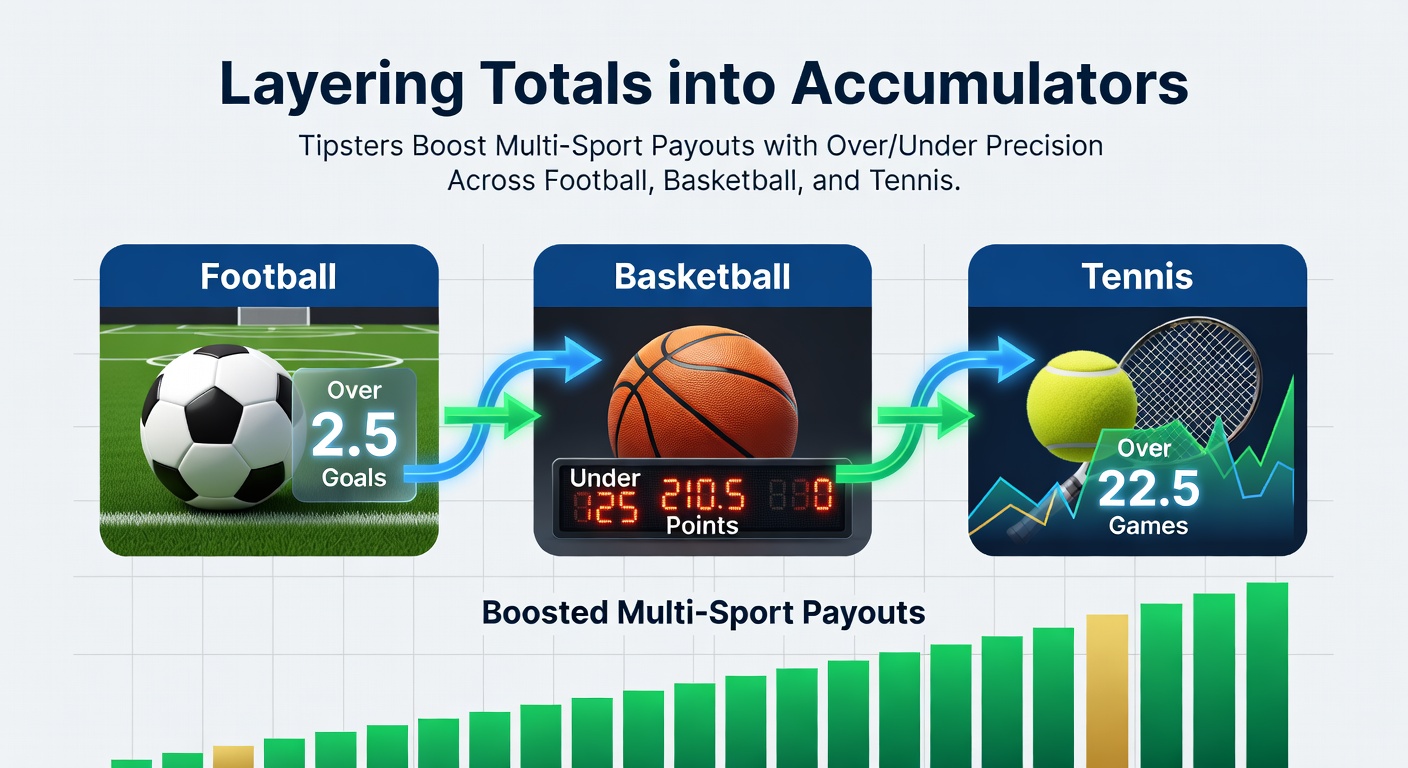 Tipsters analyzing over/under charts for football, basketball, and tennis matches on multiple screens, highlighting accumulator builds