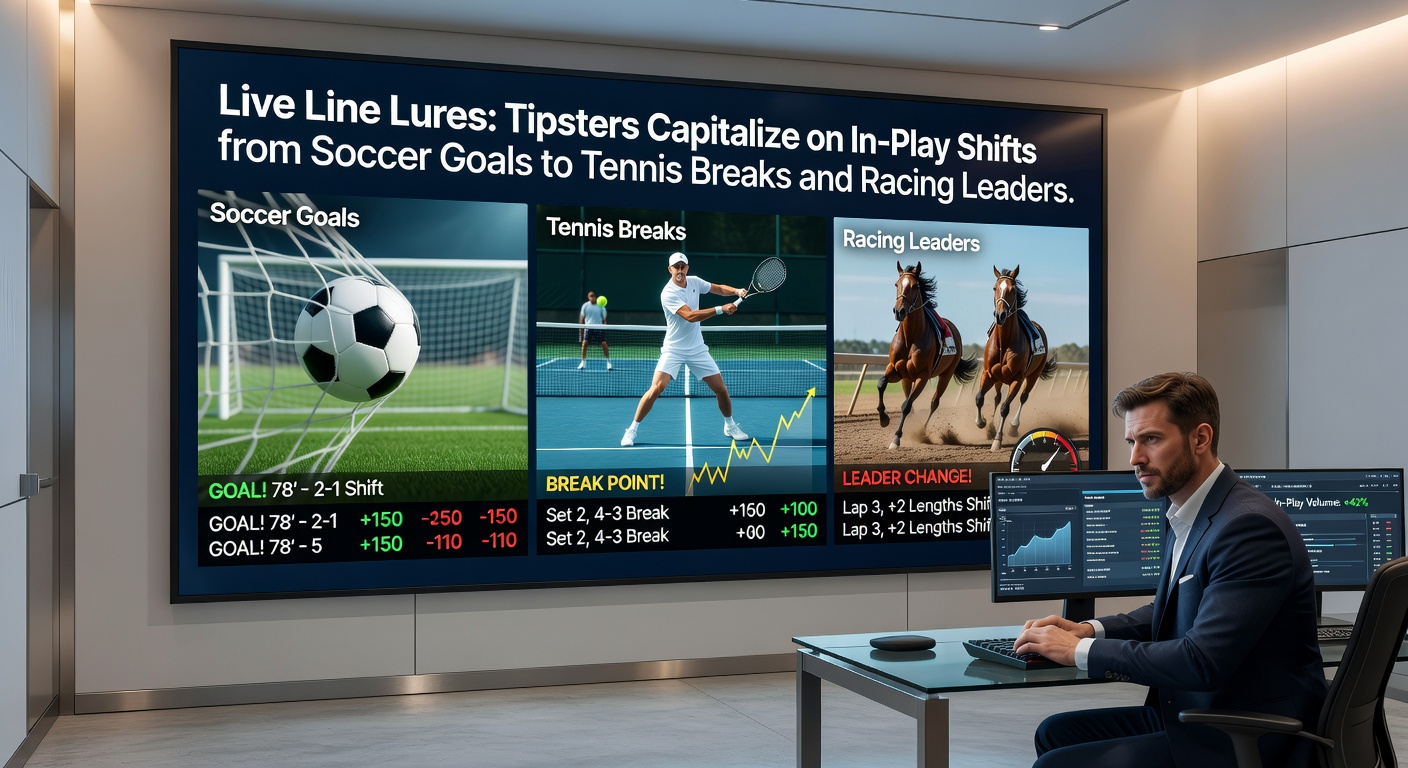 Tipster monitoring live betting screens showing rapid odds changes during a soccer goal celebration, tennis break point, and horse racing leader