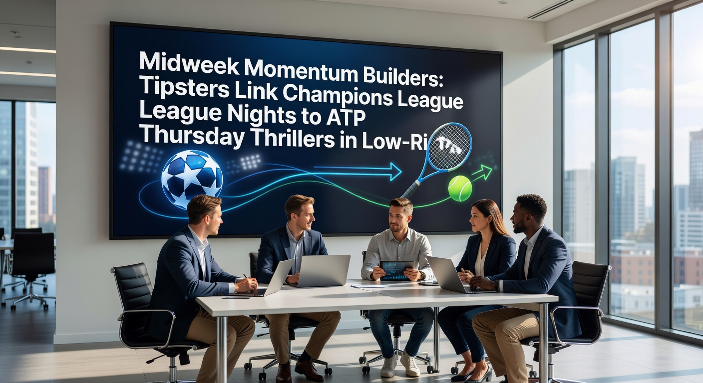 ATP tennis player serving during a Thursday thriller quarterfinal, with Champions League scoreboard in the background overlay