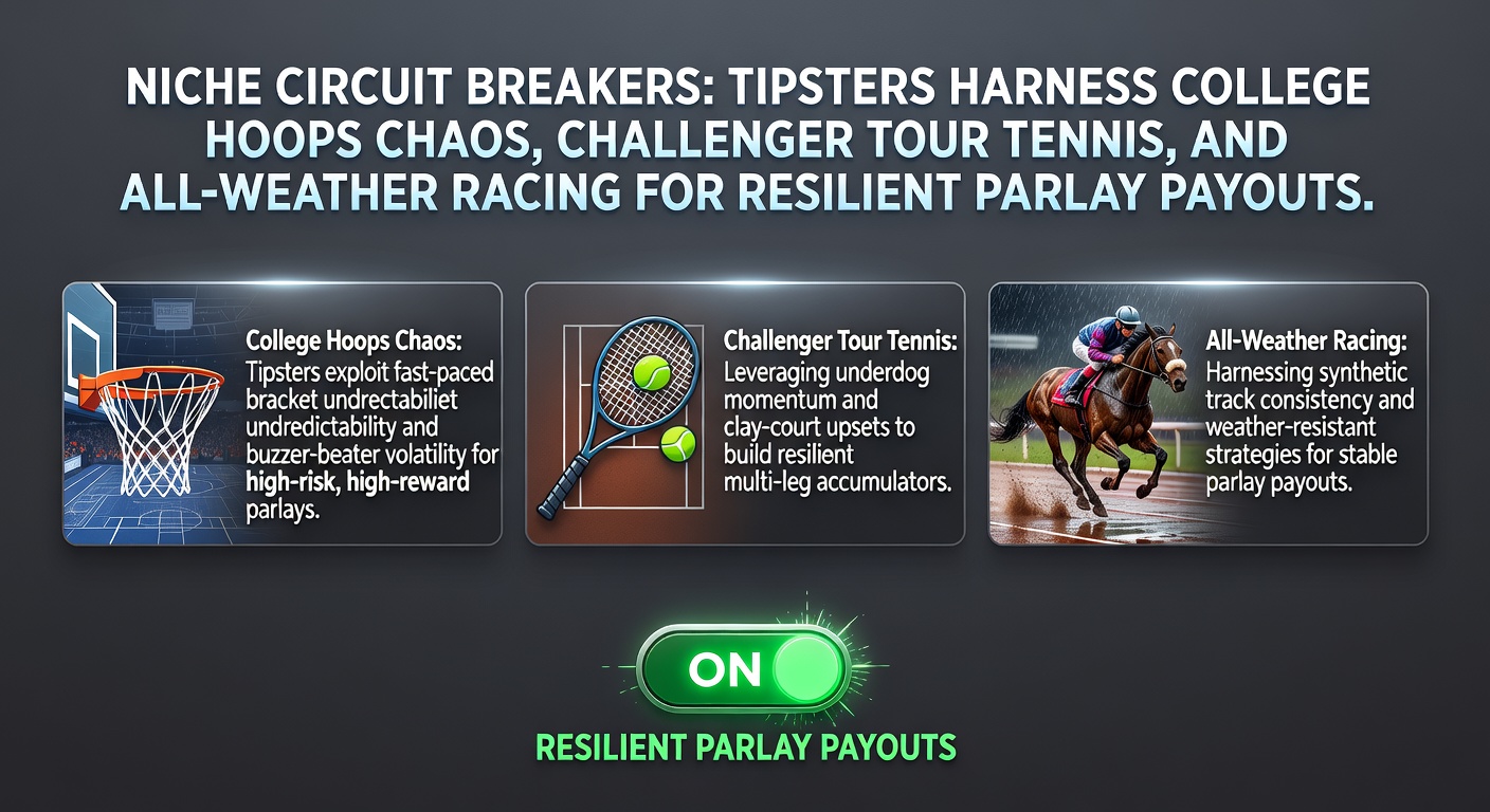 Tipster analyzing charts for college basketball upsets, Challenger Tour matches, and all-weather horse racing form to build parlay bets
