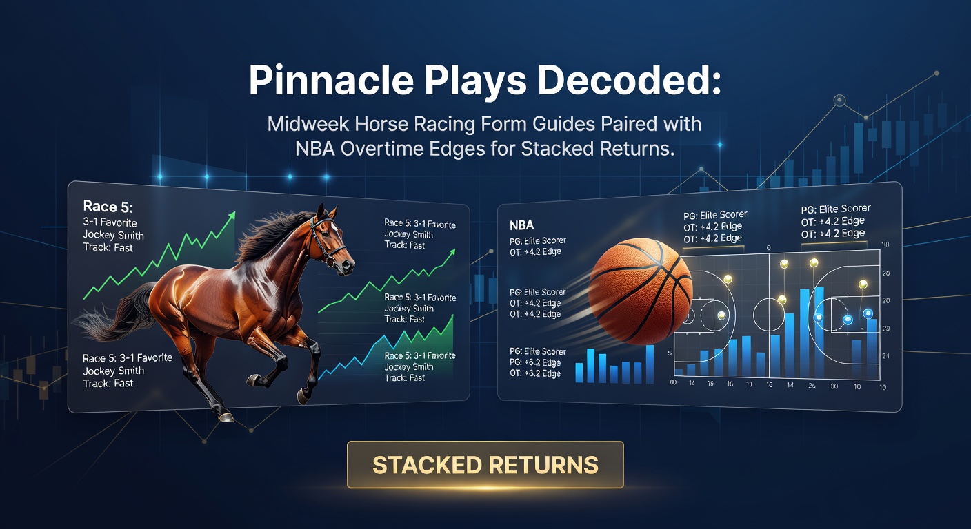 Dynamic image of a midweek horse race finish line overlaid with NBA overtime clock ticking down, symbolizing paired betting strategies