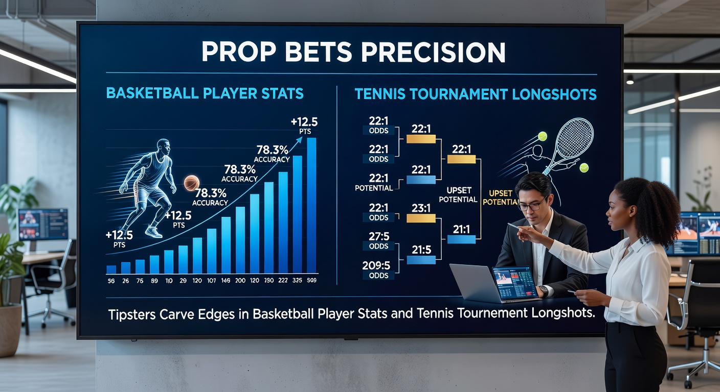 Tipster analyzing basketball player stats on a laptop during a tense NBA game, highlighting prop bet opportunities