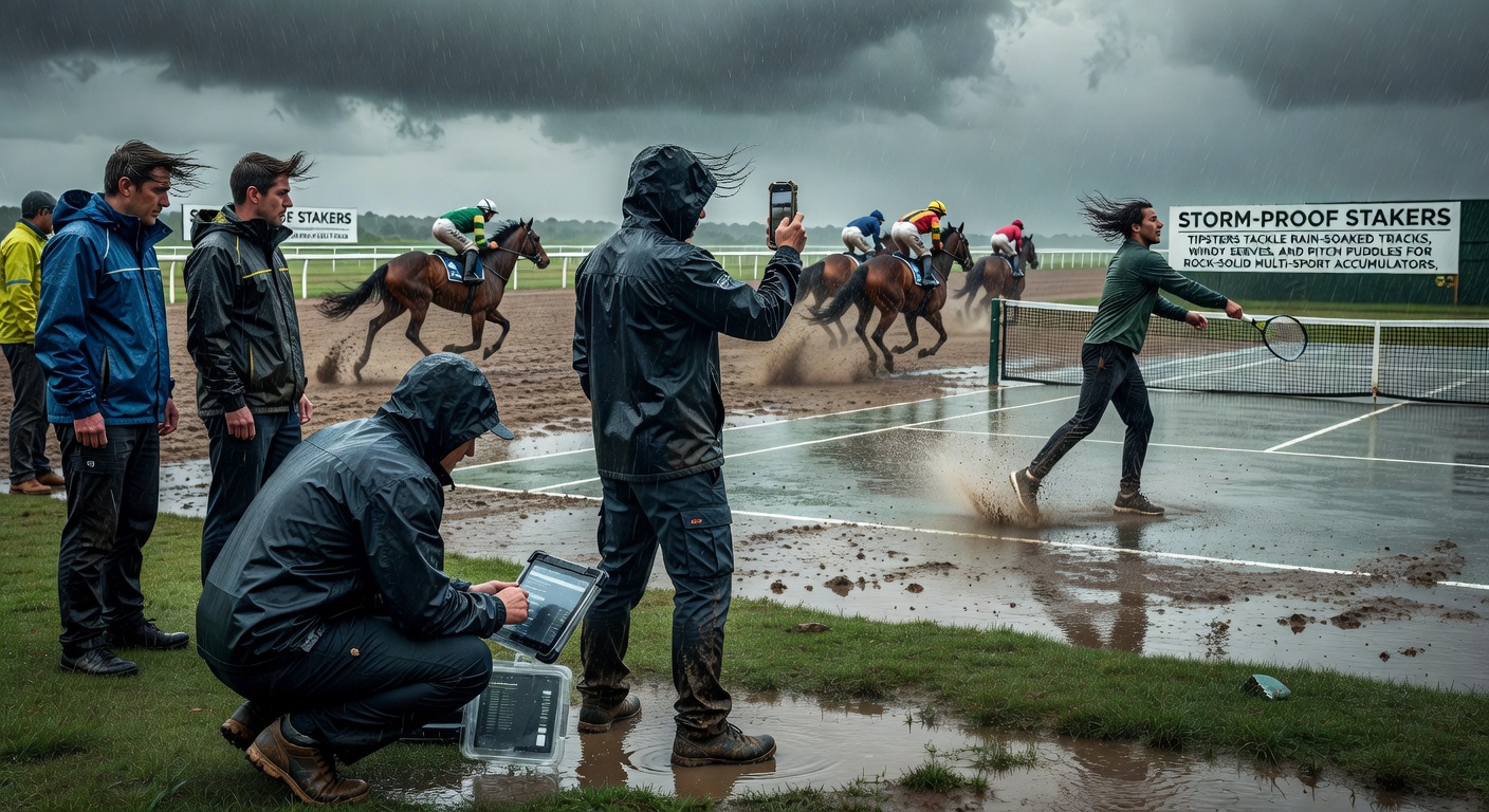 Tipster reviewing weather forecasts alongside multi-sport accumulator slips on a rainy race day