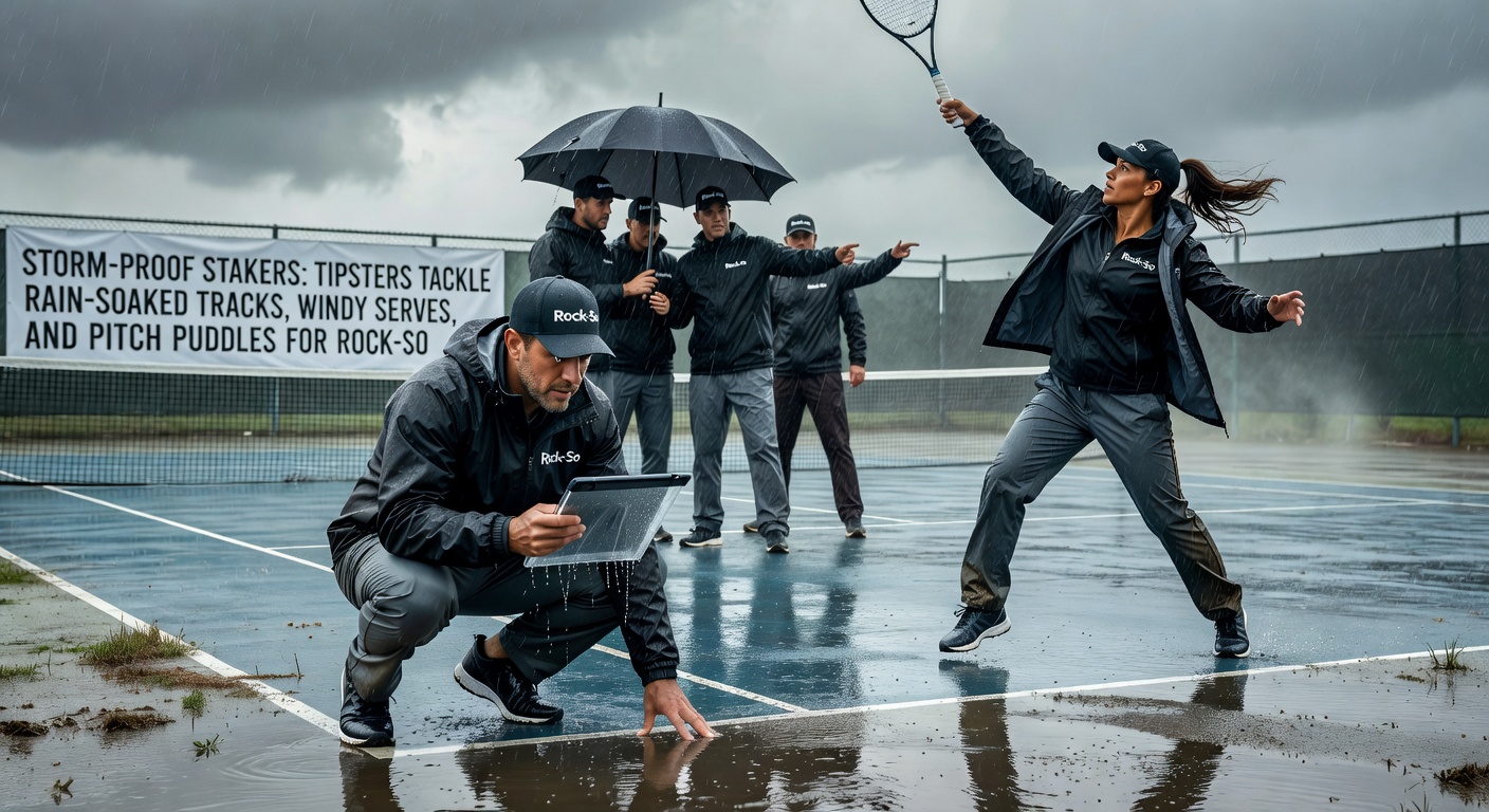 Soccer players navigating a waterlogged pitch during a stormy Premier League match, with tipster notes overlaid