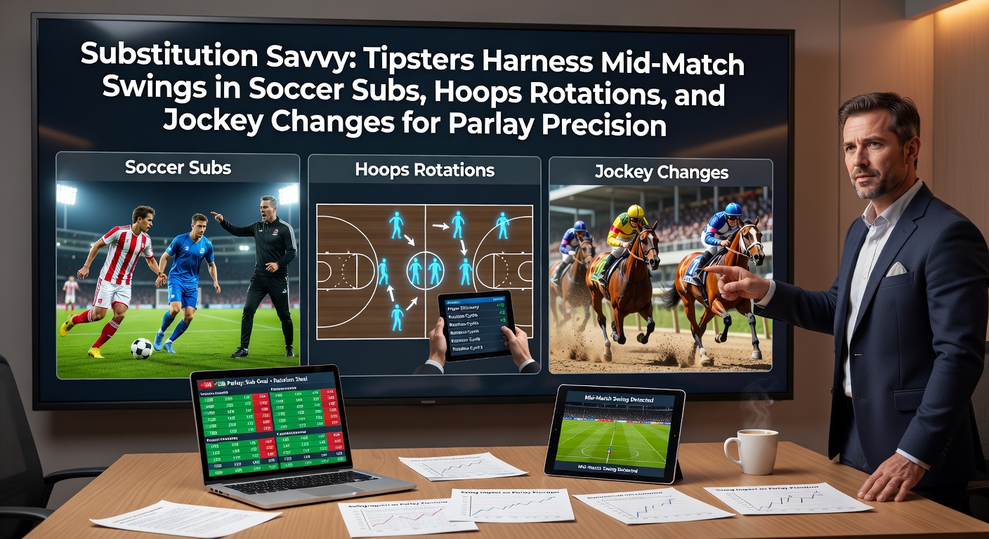 Tipster reviewing live soccer substitutions on a screen amid a packed stadium atmosphere, highlighting tactical shifts in play