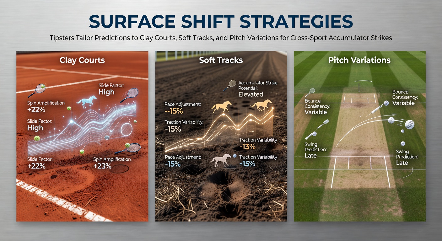 Tipster reviewing clay court stats alongside soft horse racing tracks and variable soccer pitches for accumulator bets