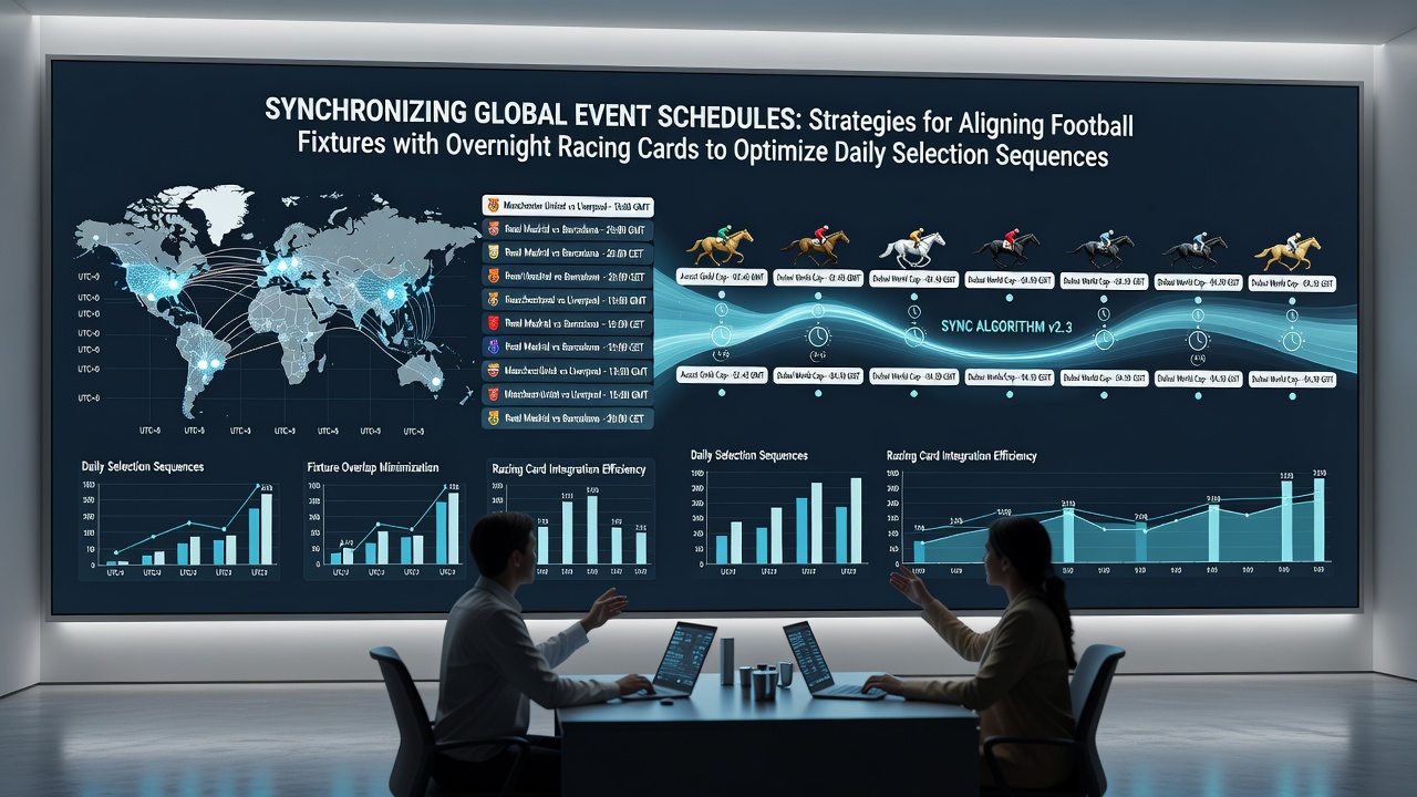Global sports calendar showing overlapping football matches and horse racing events across time zones