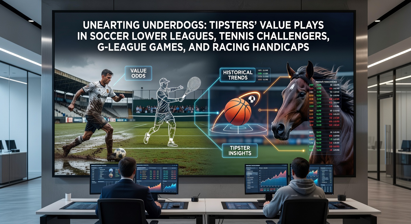 Tipster analyzing underdog stats on a laptop during a lower league soccer match, highlighting value betting opportunities in niche markets