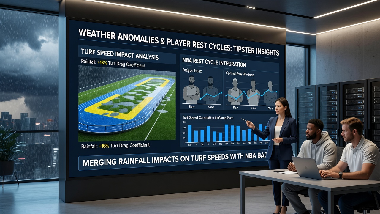 Data visualization showing integration of weather impacts on racing turf and NBA player rest cycle statistics for accumulator strategies