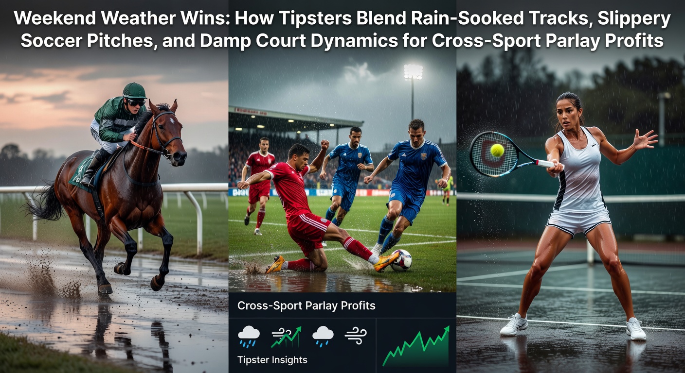 Tipsters analyzing weather forecasts alongside horse racing tracks, soccer pitches, and tennis courts under rainy skies, highlighting cross-sport parlay strategies