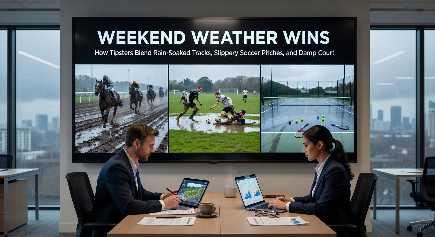 Close-up of a horse racing on a rain-drenched track, soccer players slipping on wet pitch, and tennis players adapting to damp courts during a weekend storm