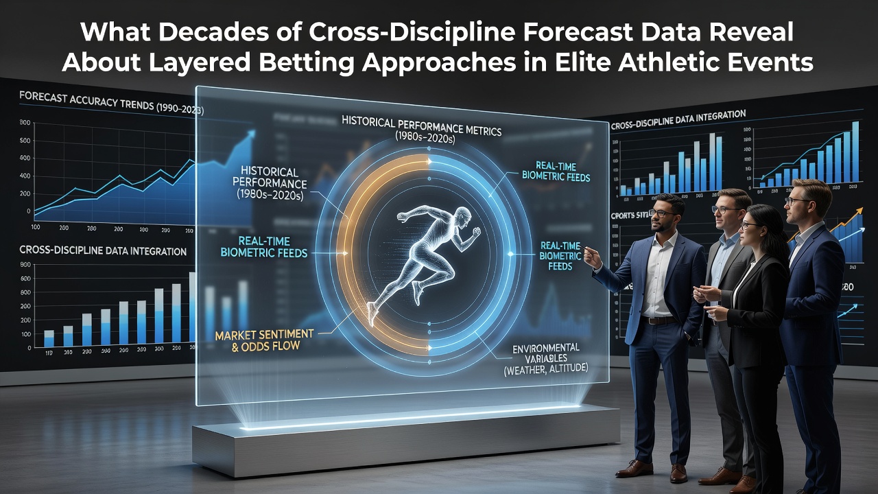 Visualization of multi-decade forecast datasets across athletic disciplines showing layered prediction models
