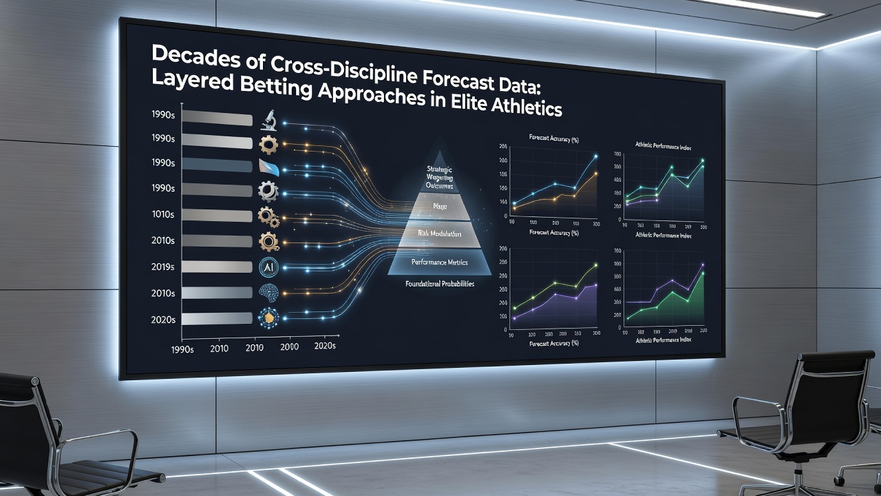 Charts displaying accuracy trends from layered betting models applied to elite track, field, and aquatic events over 40 years