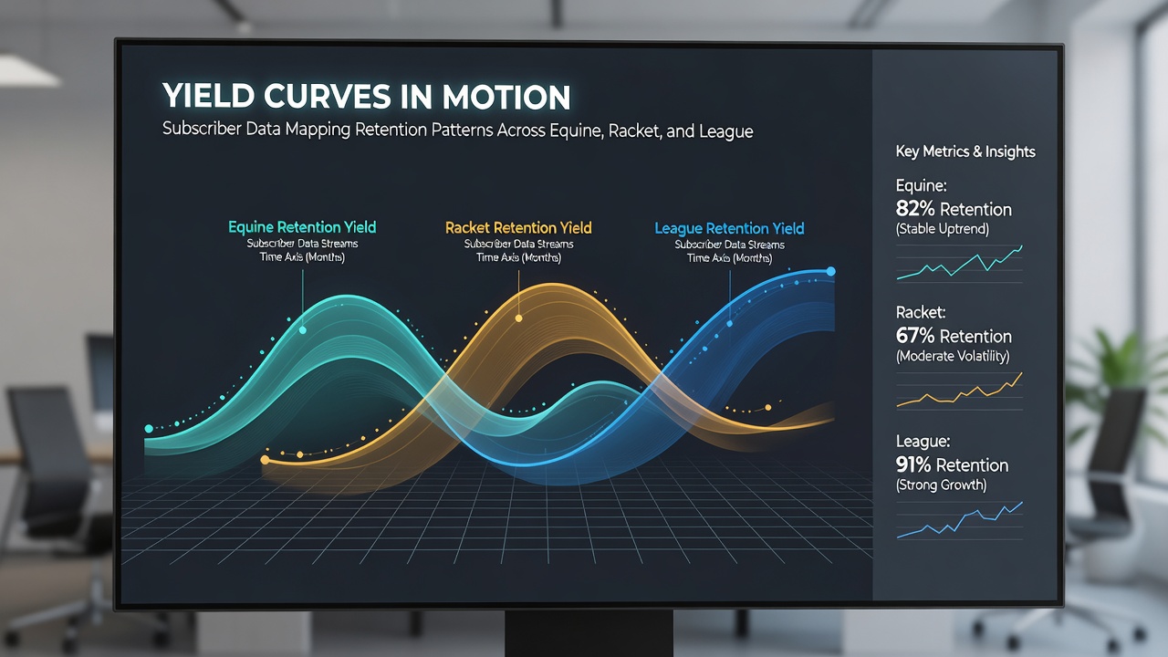 Detailed yield curve graphs comparing retention across equine racket and league advisory subscription levels over twelve months